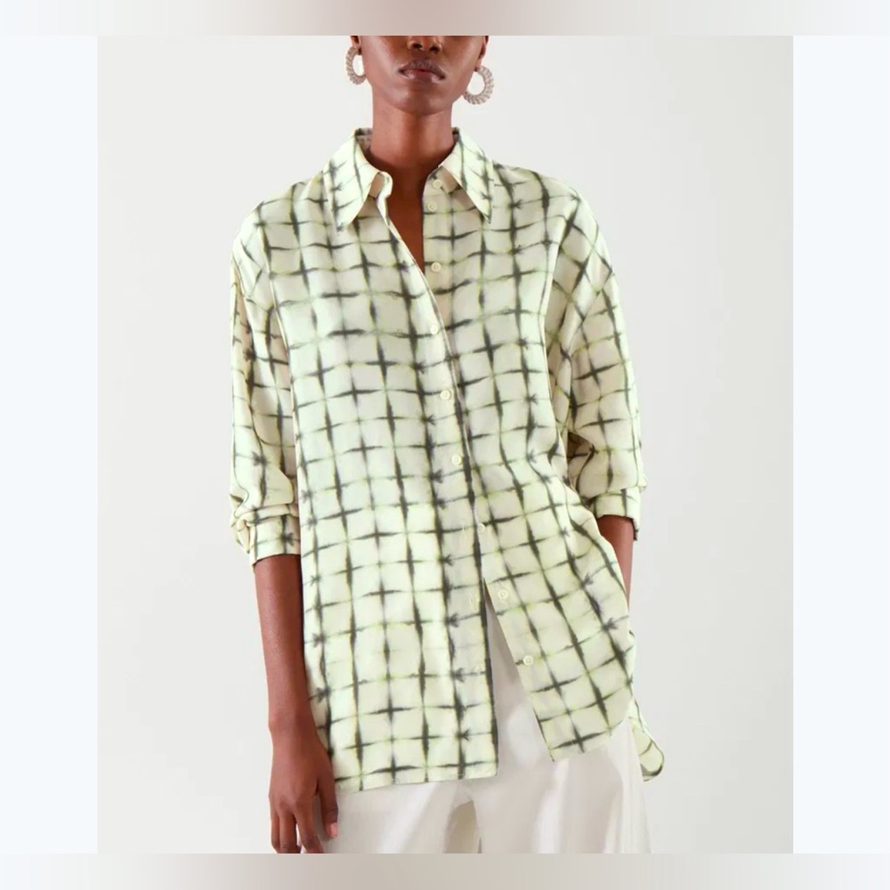 COS • 100% Silk Print Blouse **SEE MEASUREMENTS** Off-White Green Oversized - Picture 1 of 15